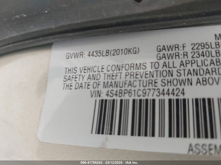 2007 Subaru Outback 2.5I/2.5I Basic/2.5I L.l. Bean Edition VIN: 4S4BP61C977344424 Lot: 41785243