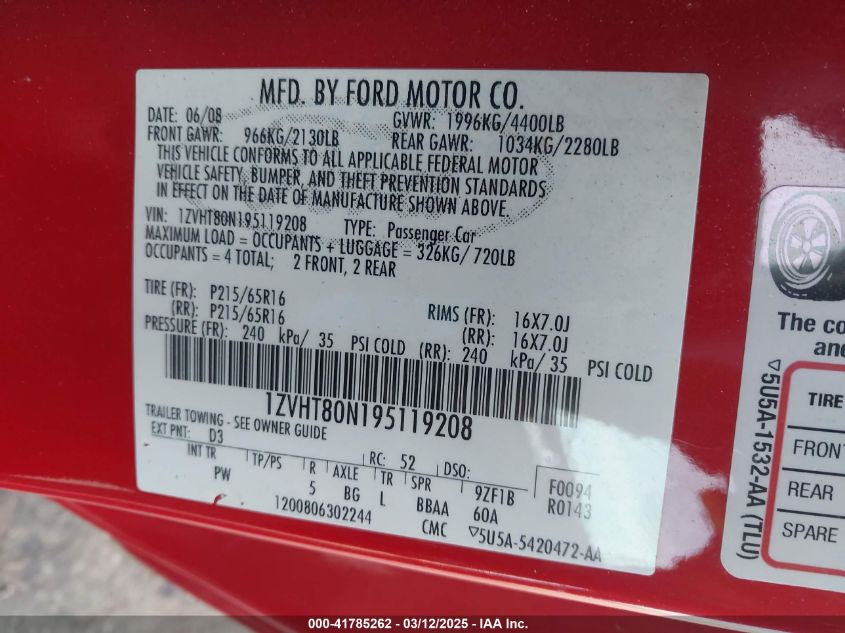 2009 Ford Mustang V6/V6 Premium VIN: 1ZVHT80N195119208 Lot: 41785262