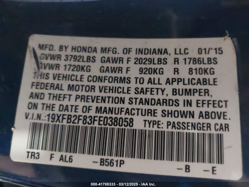 2015 Honda Civic Ex VIN: 19XFB2F83FE038058 Lot: 41785333