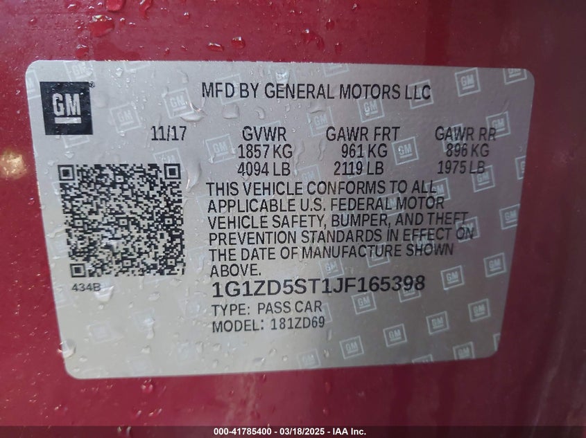 2018 CHEVROLET MALIBU VIN: 1G1ZD5ST1JF165398