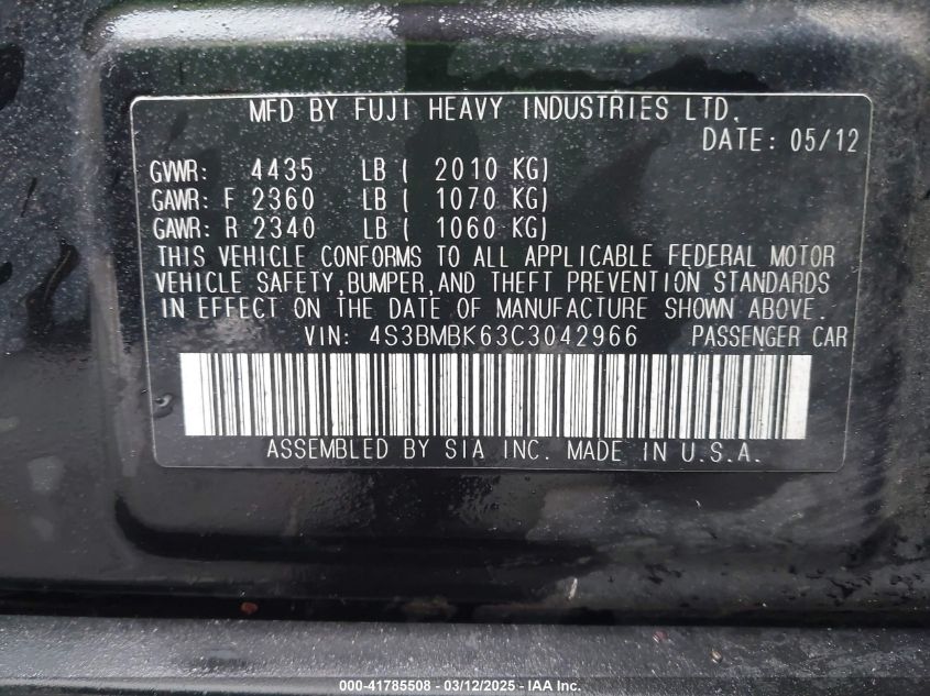 2012 Subaru Legacy 2.5I Limited VIN: 4S3BMBK63C3042966 Lot: 41785508