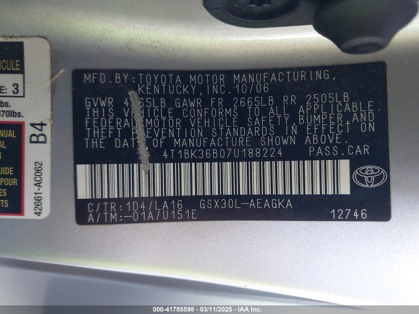 2007 TOYOTA AVALON VIN: 4T1BK36B07U188224