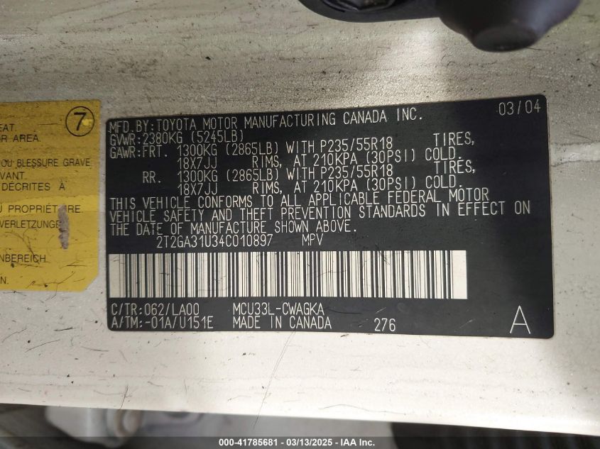 2004 Lexus Rx 330 VIN: 2T2GA31U34C010897 Lot: 41785681