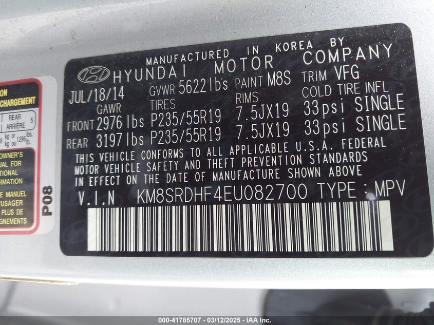 2014 HYUNDAI SANTA FE VIN: KM8SRDHF4EU082700