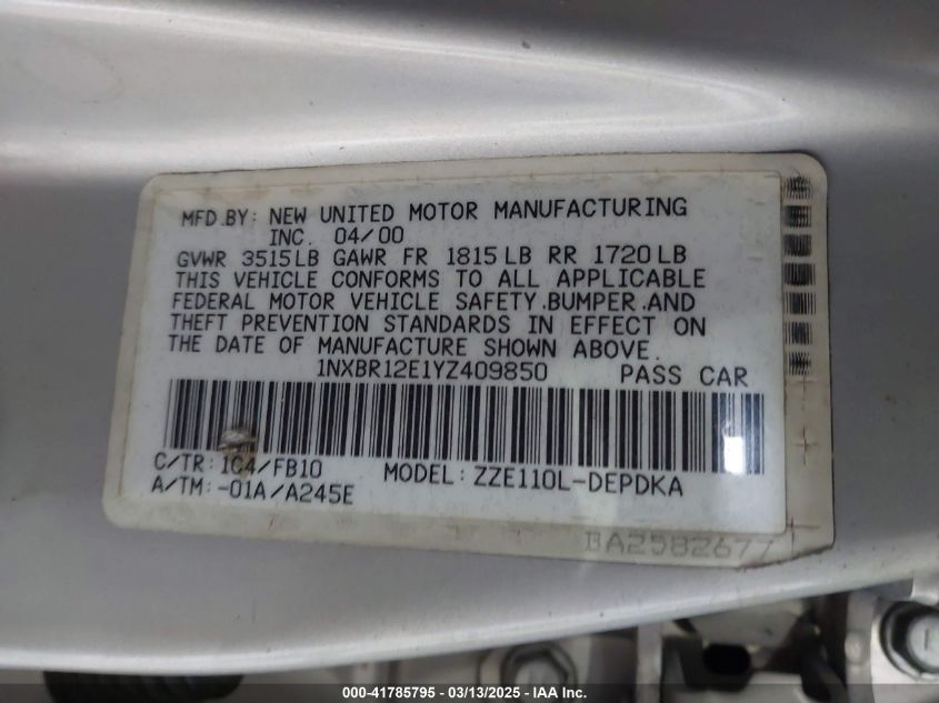 2000 Toyota Corolla Ce VIN: 1NXBR12E1YZ409850 Lot: 41785795