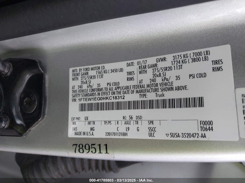2017 FORD F-150 VIN: 1FTEW1EG0HKC18312