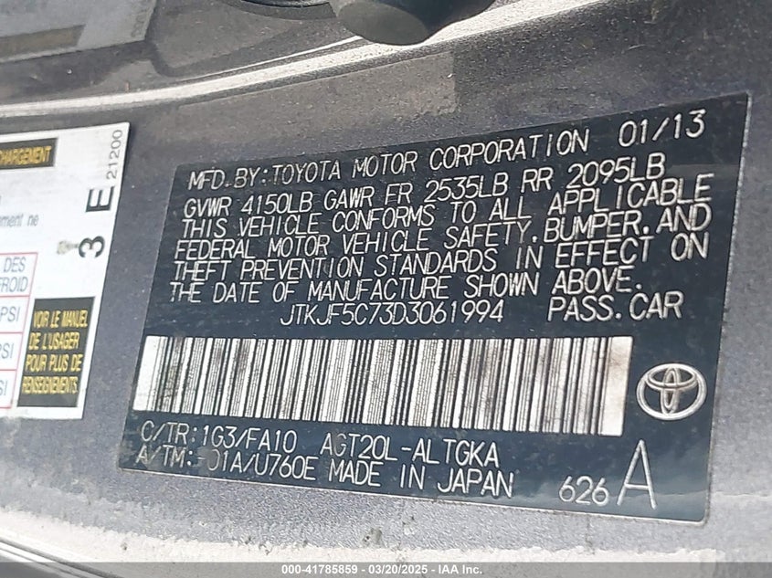 2013 SCION TC VIN: JTKJF5C73D3061994