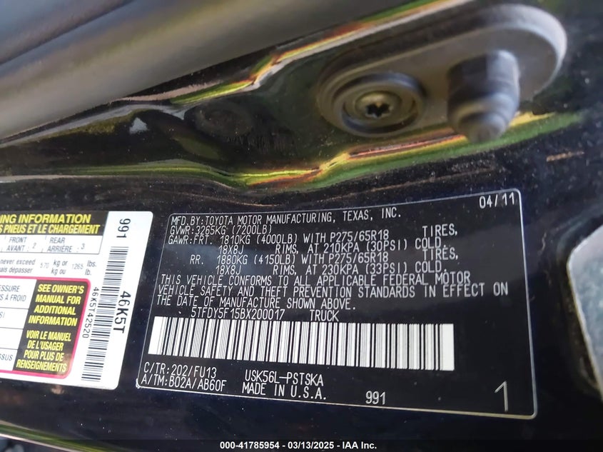 2011 TOYOTA TUNDRA VIN: 5TFDY5F15BX200017