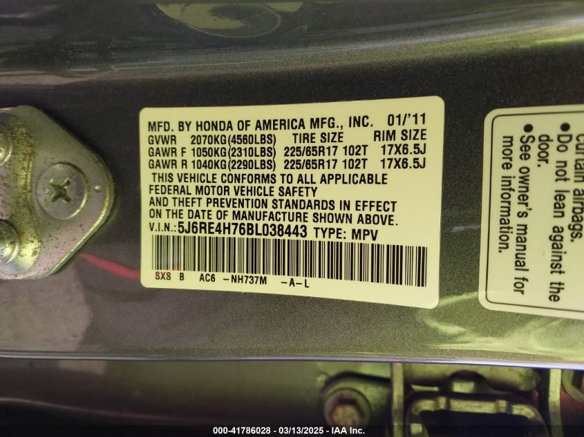 2011 Honda Cr-V Ex-L VIN: 5J6RE4H76BL038443 Lot: 41786028