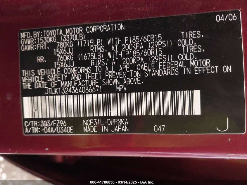 2006 SCION XB VIN: JTLKT324364086671