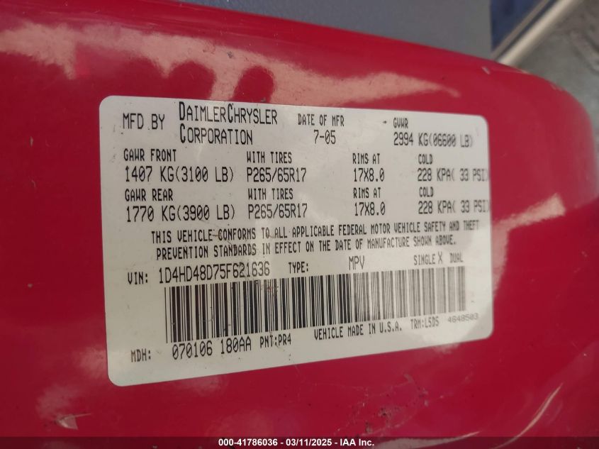 2005 Dodge Durango Slt VIN: 1D4HD48D75F621636 Lot: 41786036