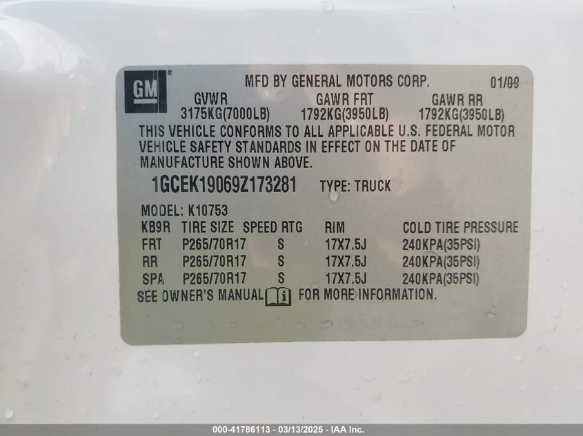 2009 CHEVROLET SILVERADO VIN: 1GCEK19069Z173281