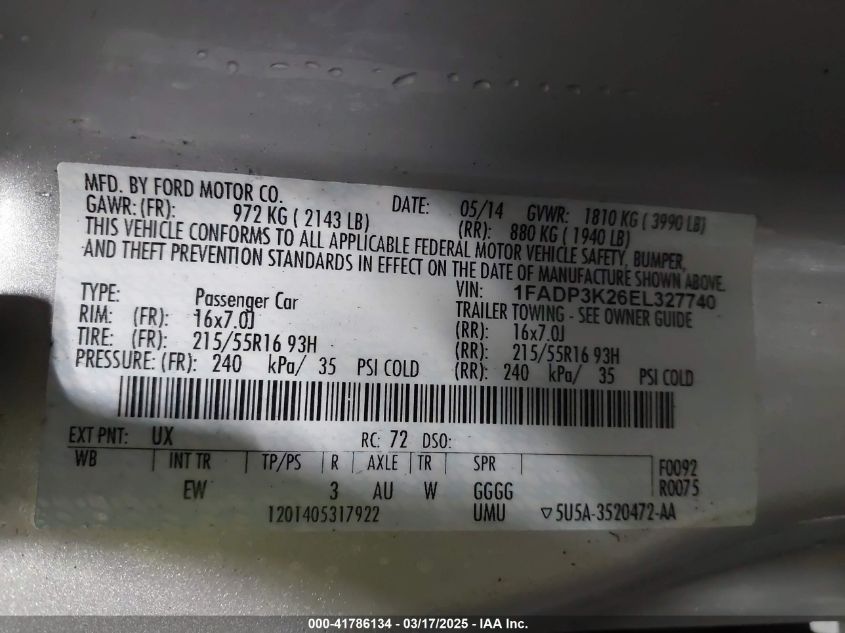 2014 Ford Focus Se VIN: 1FADP3K26EL327740 Lot: 41786134