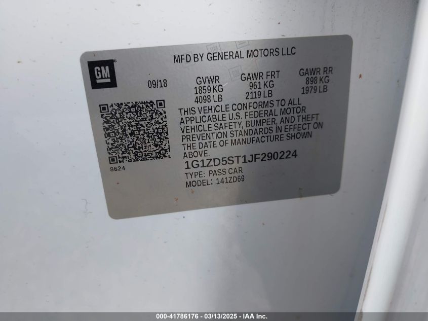 2018 Chevrolet Malibu Lt VIN: 1G1ZD5ST1JF290224 Lot: 41786176