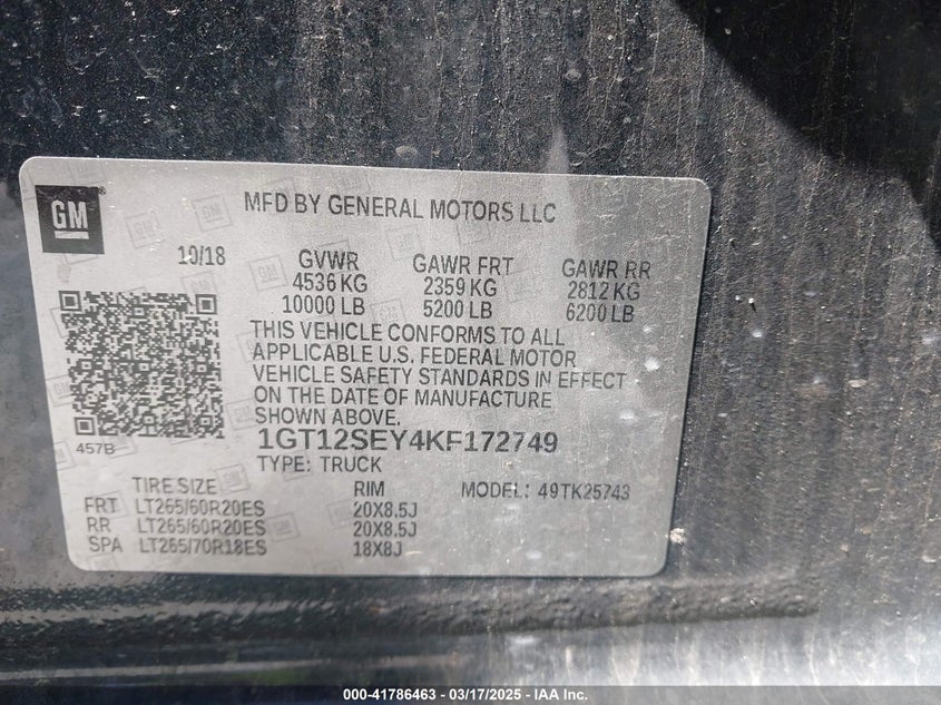 2019 GMC SIERRA 2500HD VIN: 1GT12SEY4KF172749