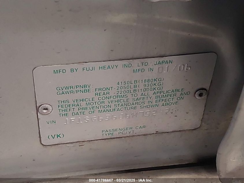 2006 Subaru Forester 2.5X VIN: JF1SG63686H752925 Lot: 41786667