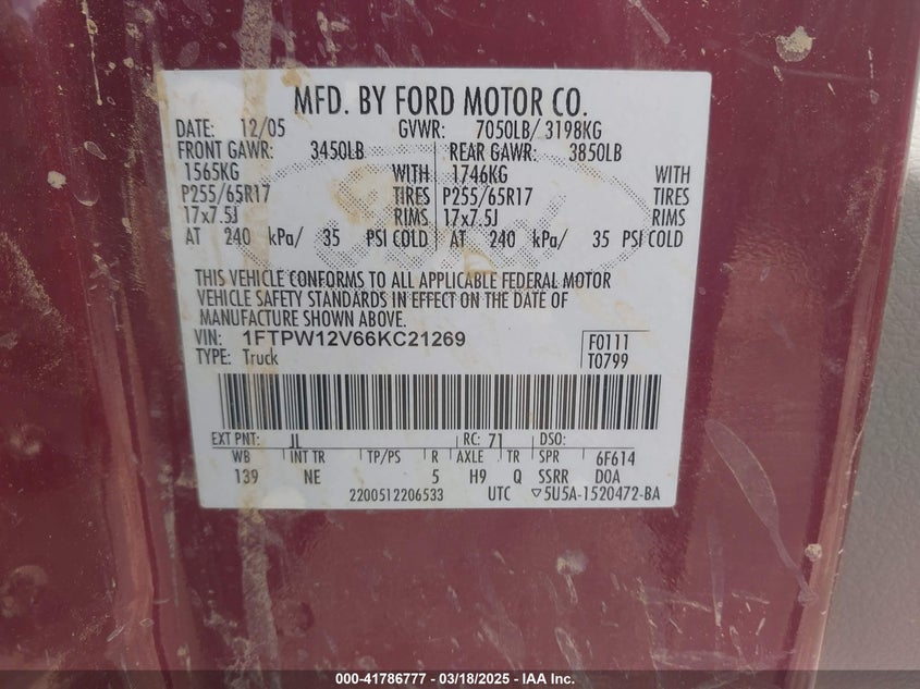 2006 FORD F150 VIN: 1FTPW12V66KC21269
