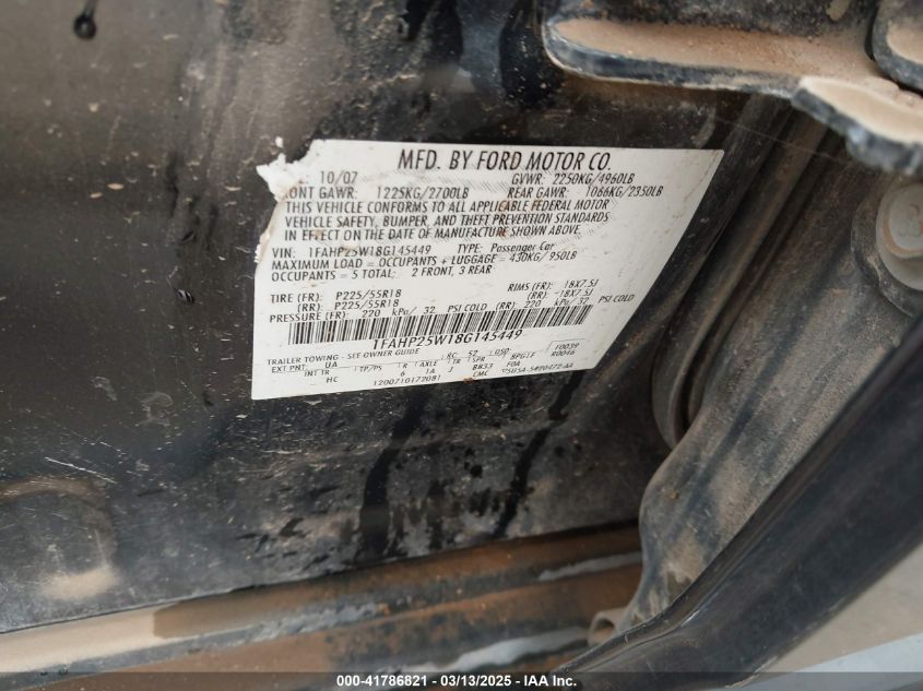 2008 Ford Taurus Limited VIN: 1FAHP25W18G145449 Lot: 41786821