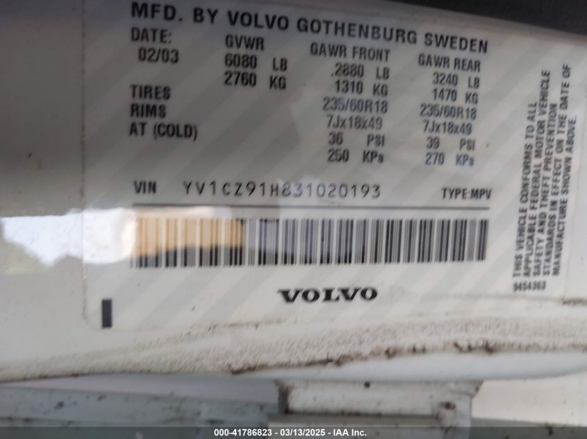 2003 Volvo Xc90 T6 VIN: YV1CZ91H831020193 Lot: 41786823