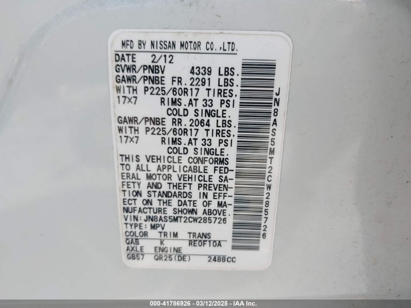 2012 Nissan Rogue Sv VIN: JN8AS5MT2CW285726 Lot: 41786926