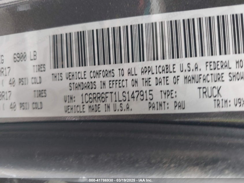 2020 RAM 1500 CLASSIC VIN: 1C6RR6FT1LS147915