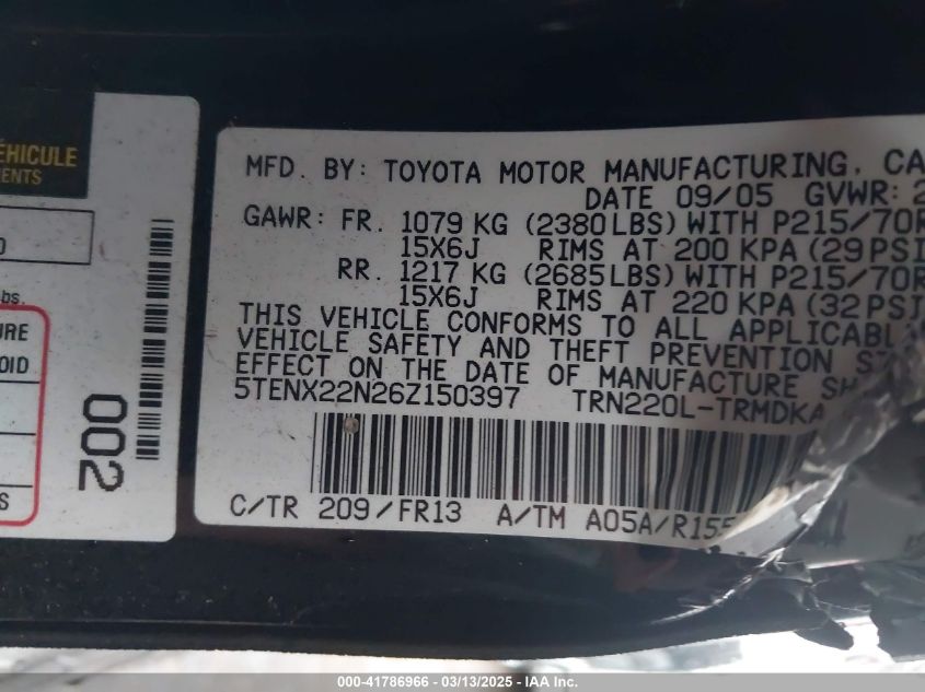 2006 Toyota Tacoma VIN: 5TENX22N26Z150397 Lot: 41786966
