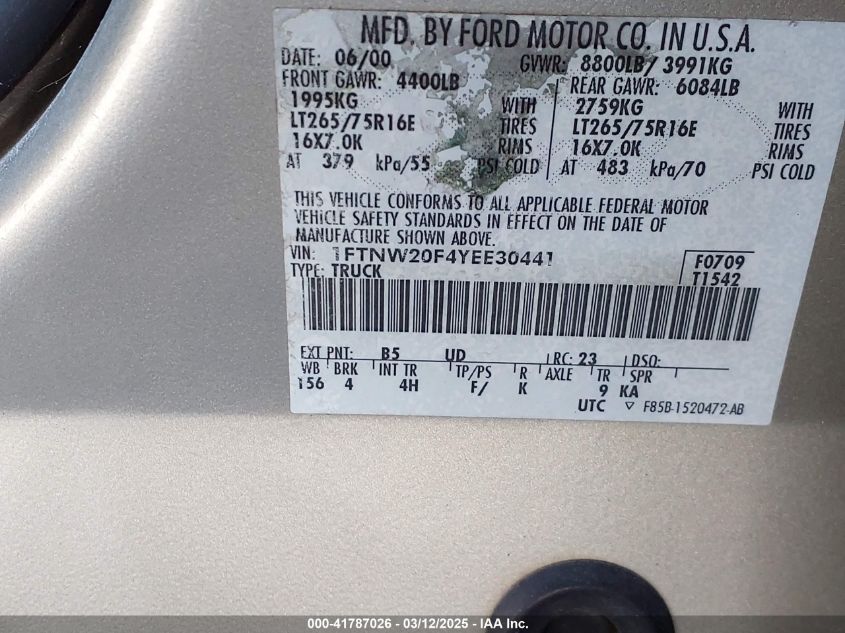 2000 Ford Super Duty F-250 Lariat/Xl/Xlt VIN: 1FTNW20F4YEE30441 Lot: 41787026