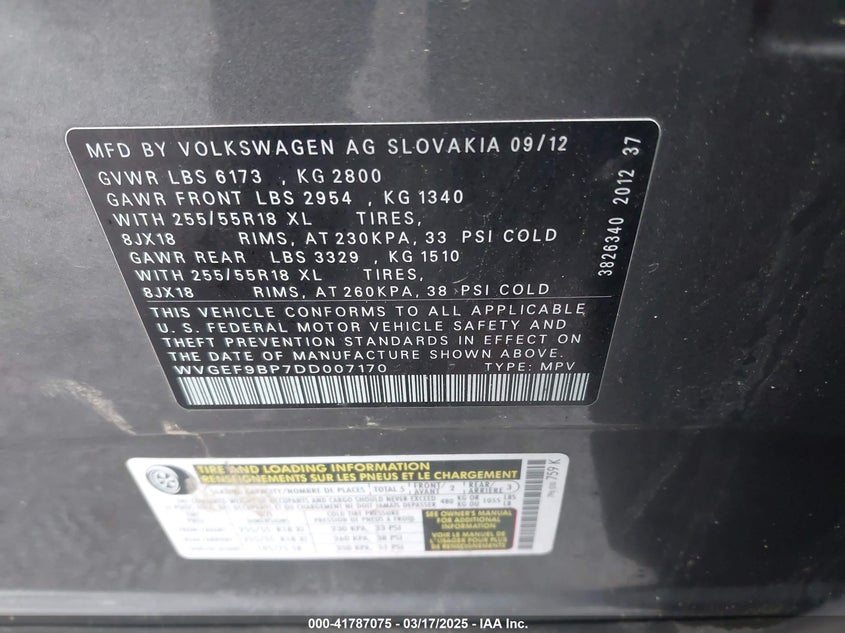 2013 VOLKSWAGEN TOUAREG VR6 SPORT - WVGEF9BP7DD007170