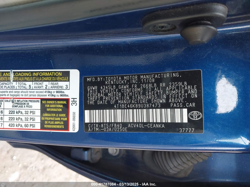 2009 TOYOTA CAMRY VIN: 4T1BE46K89U387473