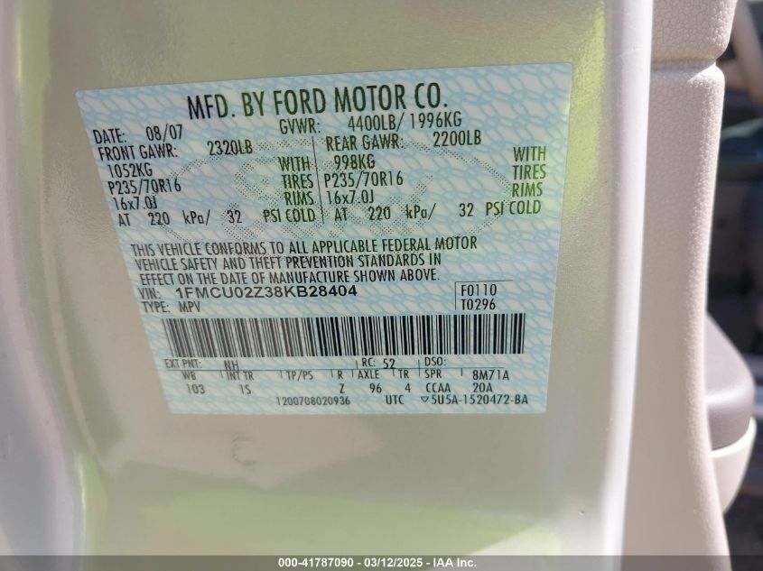 2008 Ford Escape Xls/Xls Manual VIN: 1FMCU02Z38KB28404 Lot: 41787090