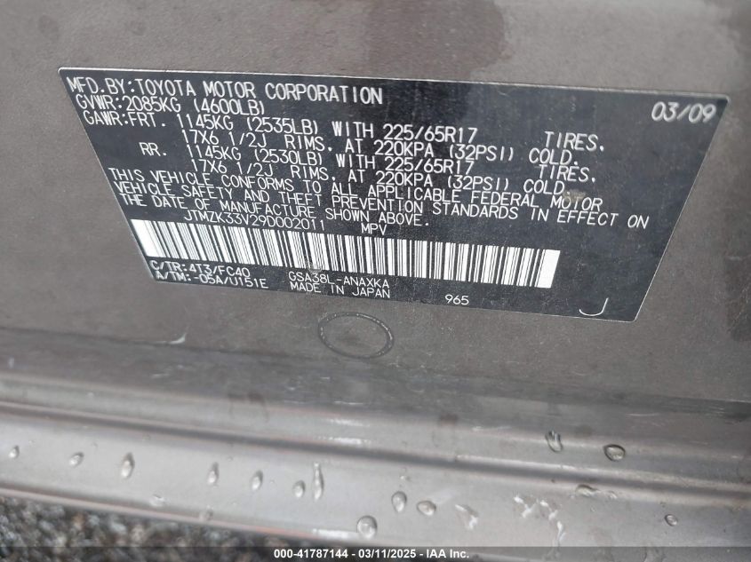 2009 Toyota Rav4 Base V6 VIN: JTMZK33V29D002011 Lot: 41787144