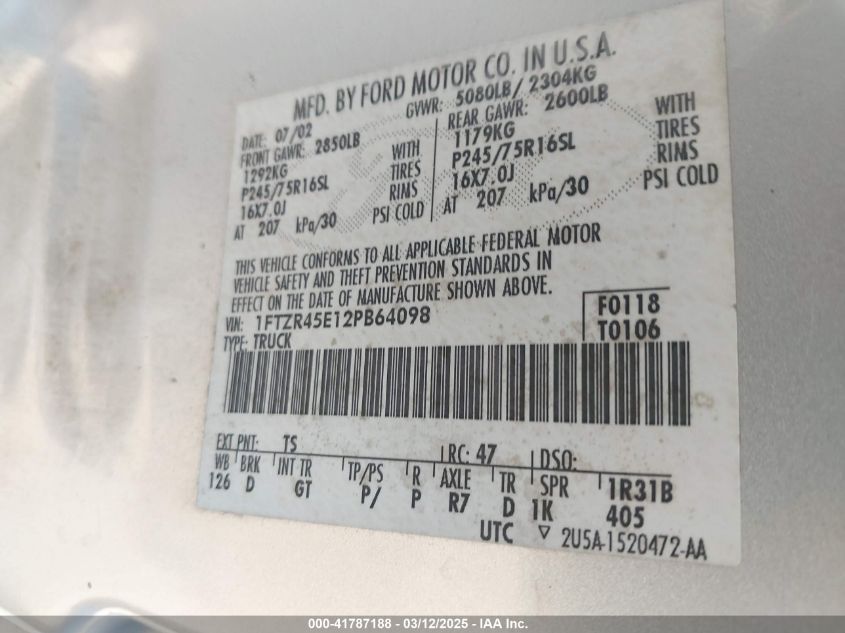 2002 Ford Ranger Edge/Xlt VIN: 1FTZR45E12PB64098 Lot: 41787188