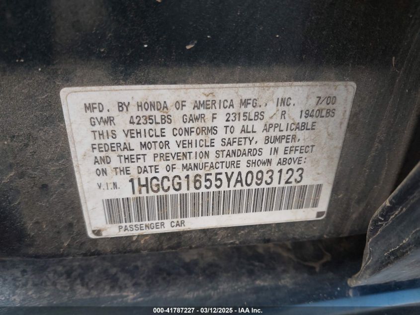 2000 Honda Accord 3.0 Ex VIN: 1HGCG1655YA093123 Lot: 41787227