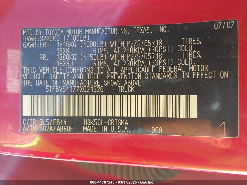 2007 TOYOTA TUNDRA VIN: 5TFBV54177X021326