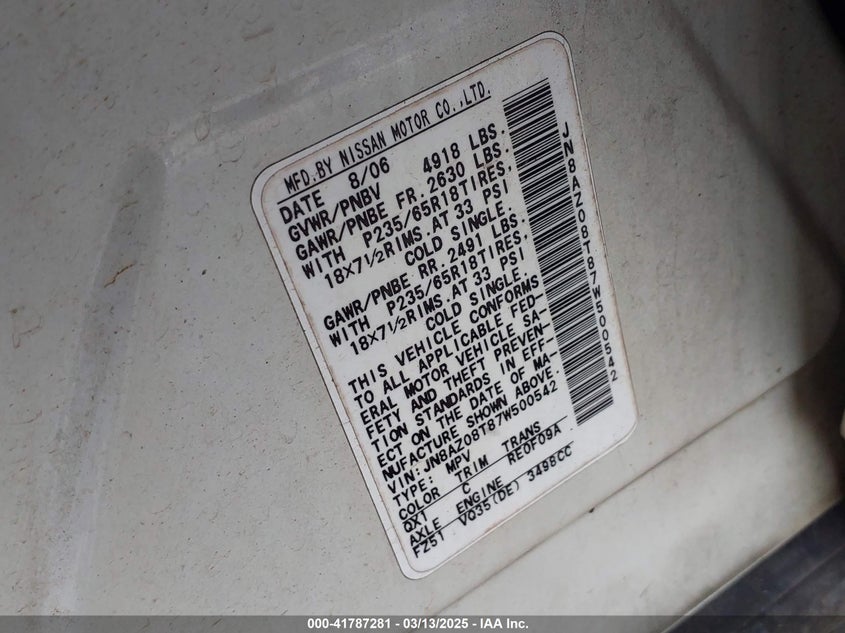 2007 Nissan Murano S VIN: JN8AZ08T87W500542 Lot: 41787281