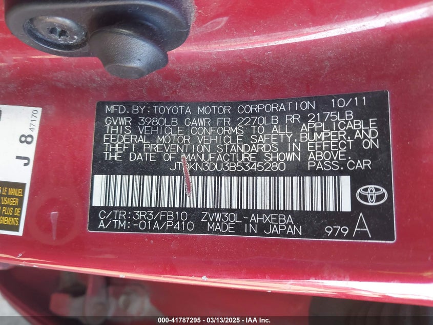 2011 TOYOTA PRIUS VIN: JTDKN3DU3B5345280