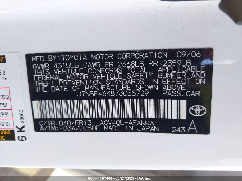 2007 Toyota Camry Ce VIN: JTNBE46K873055729 Lot: 41787406