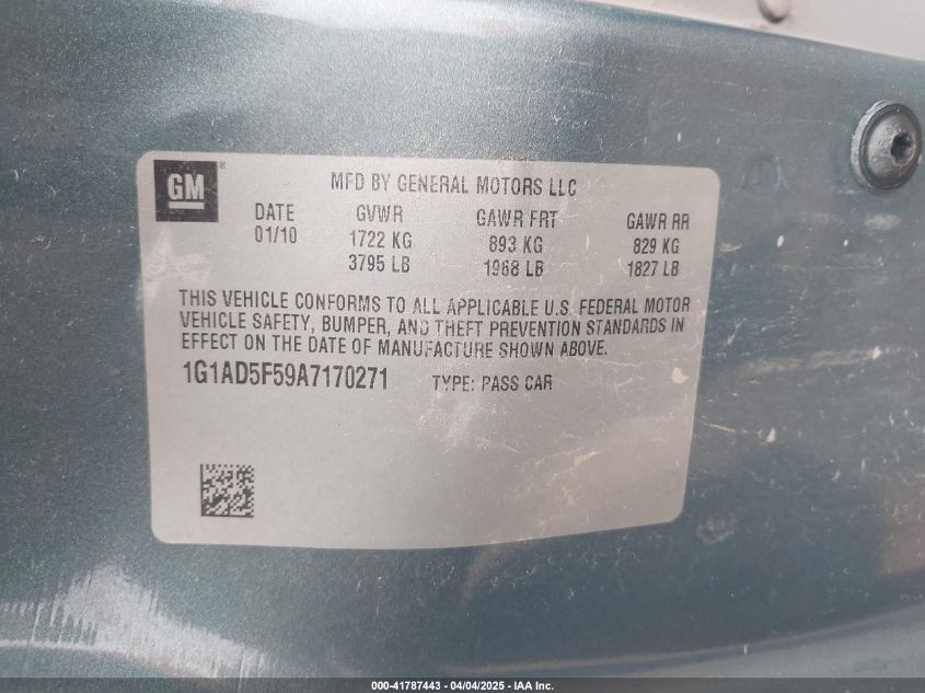 2010 Chevrolet Cobalt Lt VIN: 1G1AD5F59A7170271 Lot: 41787443