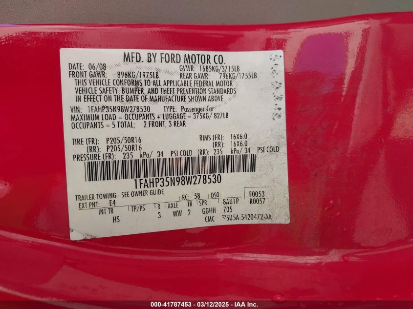 2008 Ford Focus Se/Ses VIN: 1FAHP35N98W278530 Lot: 41787453