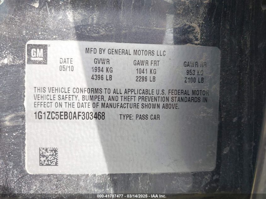 2010 Chevrolet Malibu Lt VIN: 1G1ZC5EB0AF303468 Lot: 41787477