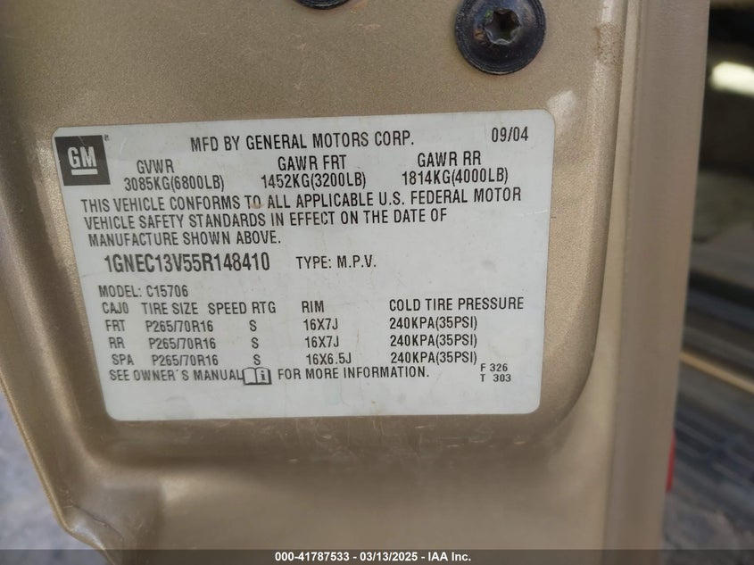 2005 Chevrolet Tahoe Ls VIN: 1GNEC13V55R148410 Lot: 41787533