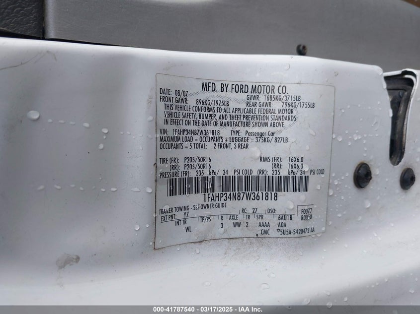 2007 FORD FOCUS VIN: 1FAHP34N87W361818