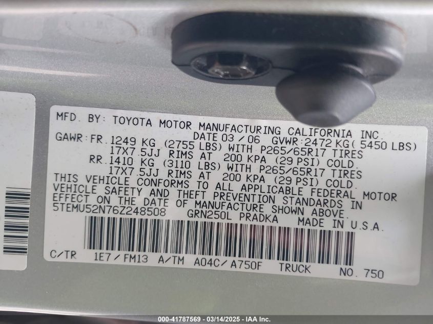 2006 Toyota Tacoma Base V6 VIN: 5TEMU52N76Z248508 Lot: 41787569