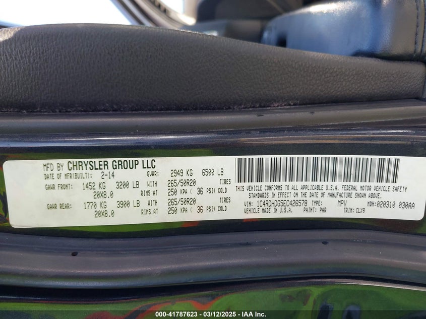 2014 DODGE DURANGO VIN: 1C4RDHDG5EC426578