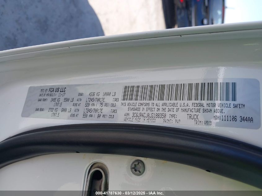 2018 Ram 2500 VIN: 3C6UR4CJ0JG188350 Lot: 41787630