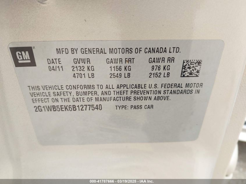 2011 Chevrolet Impala Lt VIN: 2G1WB5EK6B1277540 Lot: 41787666