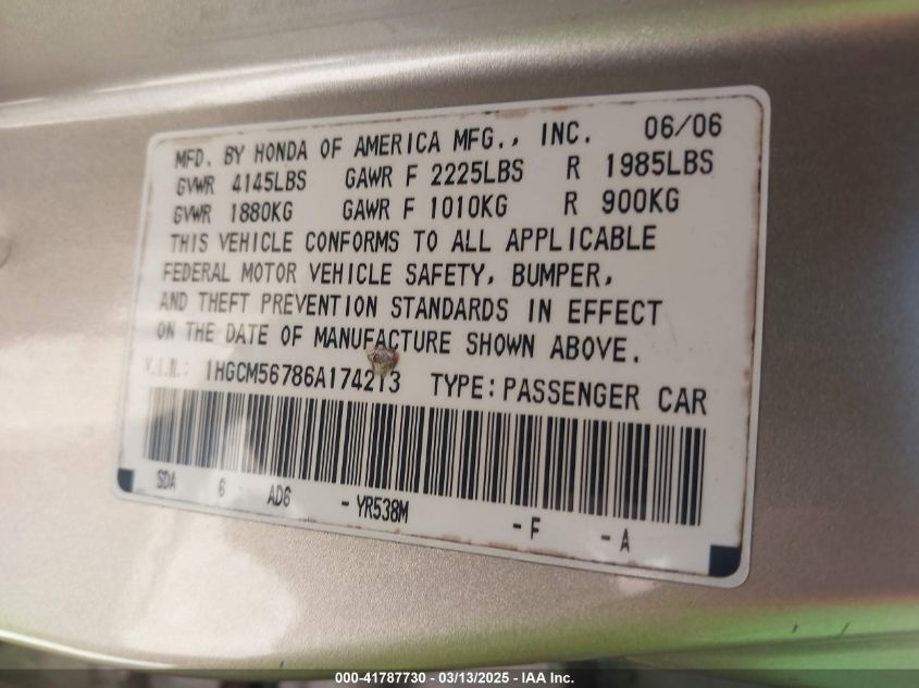 2006 Honda Accord 2.4 Ex VIN: 1HGCM56786A174213 Lot: 41787730