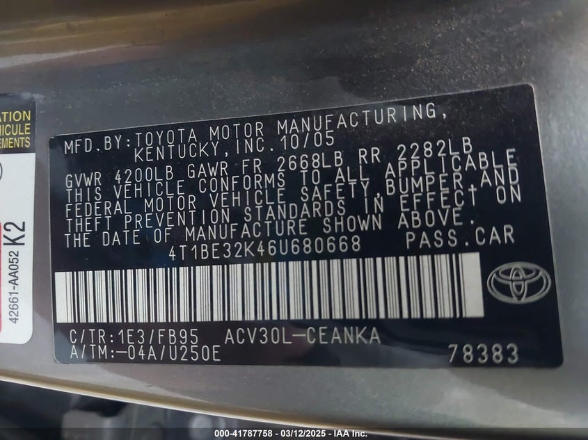 2006 TOYOTA CAMRY VIN: 4T1BE32K46U680668