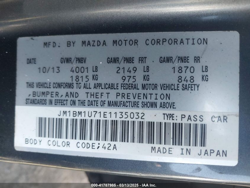 2014 Mazda Mazda3 I Sport VIN: JM1BM1U71E1135032 Lot: 41787985