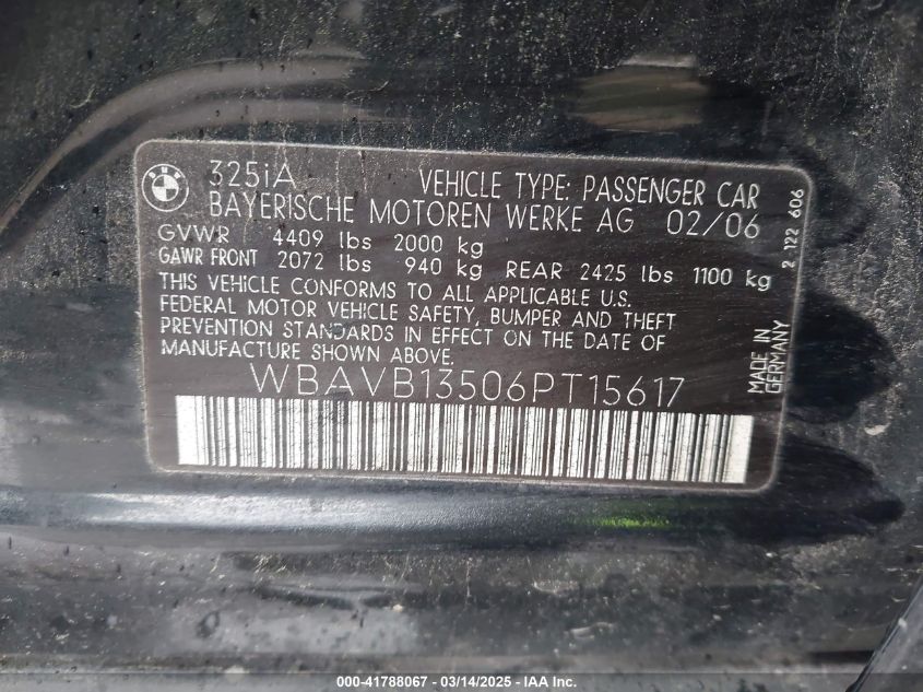 2006 BMW 325I VIN: WBAVB13506PT15617 Lot: 41788067